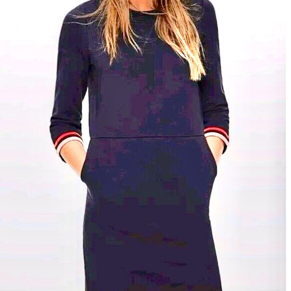 BODEN Dress Livia Sweatshirt Knit Navy Blue Velvet Trim Side Pickets Size 8